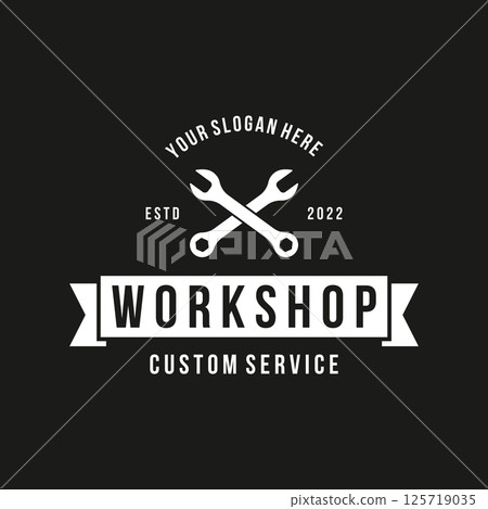 Crossed wrench logo template design with vintage gear.Logo for workshop, badge, industry,service or repair and mechanic. 125719035