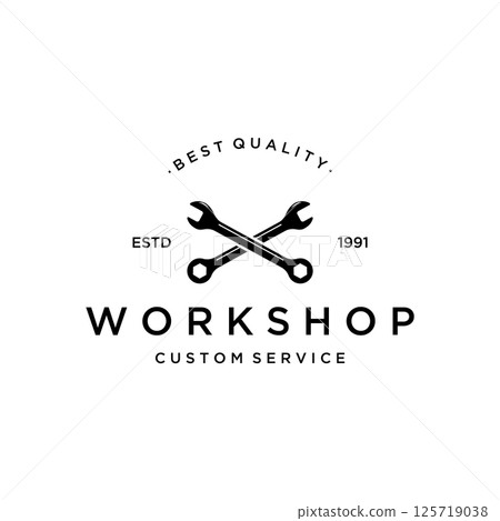 Crossed wrench logo template design with vintage gear.Logo for workshop, badge, industry,service or repair and mechanic. 125719038