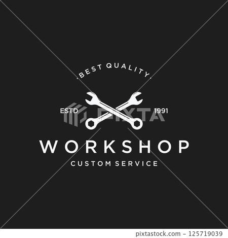 Crossed wrench logo template design with vintage gear.Logo for workshop, badge, industry,service or repair and mechanic. 125719039