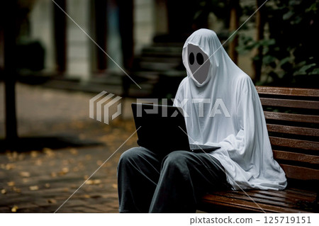 Funny Halloween concept featuring a ghost working on a laptop in a park, dressed like a modern manager Funny Halloween concept featuring a ghost working on a laptop in a park, dressed like a modern manager 125719151