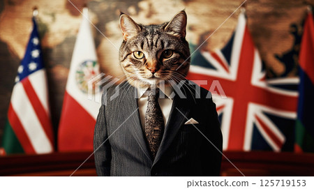Funny concept featuring a cat dressed as a British politician, complete with a suit and standing in front of the UK flag. The image blends humor and satire Funny concept featuring a cat dressed as a British politician, complete with a suit and standing in front of the UK flag. The image blends humor and satire 125719153