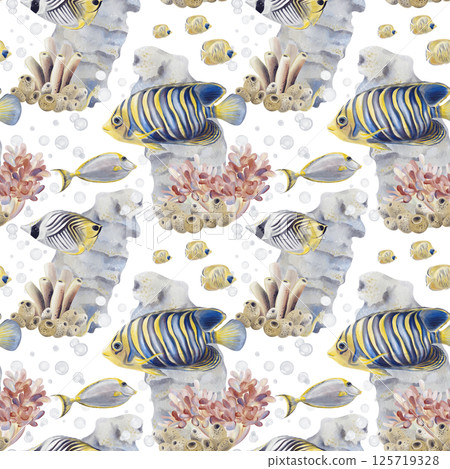 Seamless pattern with tropical striped fish. Seaweed and echtinia on the seabed. Coral reef. Underwater world. Bubbles and sea sponges. Watercolor illustration without background. Hand drawing.  125719328