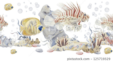 Seamless border with tropical fish. Striped red. Lion fish and big yellow . Coral reef. Pebbles and sea . Ocean and aquarium. Watercolor illustration without background. Hand drawing. Seamless border with tropical fish. Striped red. Lion fish and big yellow . Coral reef. Pebbles and sea . Ocean and aquarium. Watercolor illustration without background. Hand drawing. 125719329