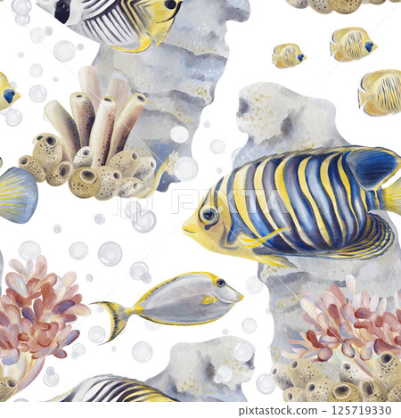 Seamless pattern with tropical striped fish. Seaweed and echtinia on the seabed. Coral reef. Underwater world. Bubbles and sea sponges. Watercolor illustration without background. Hand drawing. Seamless pattern with tropical striped fish. Seaweed and echtinia on the seabed. Coral reef. Underwater world. Bubbles and sea sponges. Watercolor illustration without background. Hand drawing. 125719330