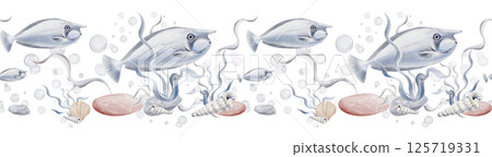 Seamless border with blue tropical fish. Pebbles and seaweed on the bottom. Raucski and mollusks multicolored. Bubbles under water. Watercolor illustration without background. Hand drawing.  125719331