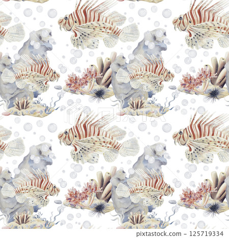 Seamless pattern with sea reef. Lionfish swims among seaweed and corals. Sea sponge, pebbles and bubbles. Underwater life. Watercolor illustration without background. Hand drawn. Seamless pattern with sea reef. Lionfish swims among seaweed and corals. Sea sponge, pebbles and bubbles. Underwater life. Watercolor illustration without background. Hand drawn. 125719334