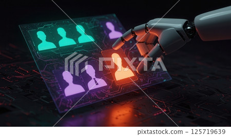 Robotic arm selects a glowing digital avatar from a grid of user profiles on a futuristic interface, representing AI recruitment or data selection. Robotic arm selects a glowing digital avatar from a grid of user profiles on a futuristic interface, representing AI recruitment or data selection. 125719639