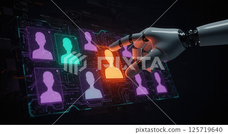 Robotic hand touching a digital screen interface displaying user profiles or avatars, highlighting one selection. 125719640