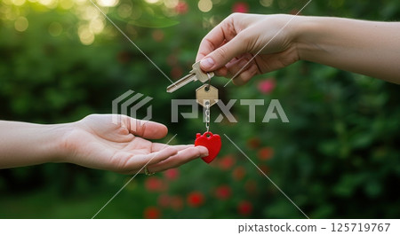 Close up of hands exchanging a house key with a heart shaped keychain against a lush garden backdrop, symbolizing home ownership and property transfer. 125719767