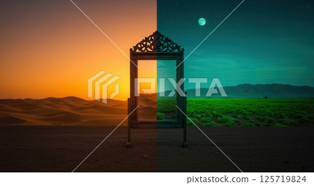 Antique mirror stands on a desert plain at twilight, reflecting warm sunlit dunes and a moonlit field, symbolizing transition and duality. 125719824