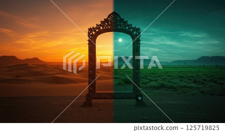 Antique mirror stands on a desert plain at twilight, reflecting warm sunlit dunes and a moonlit field, split in half. Concept of duality and transition. 125719825