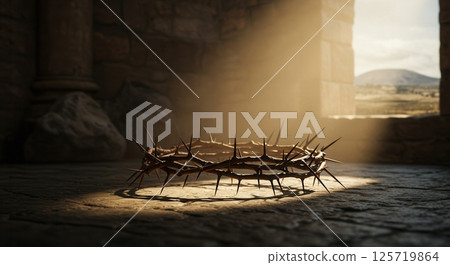 A crown of thorns rests on a stone floor, illuminated by a beam of light, evoking themes of sacrifice, faith, and religious symbolism in a somber setting. 125719864