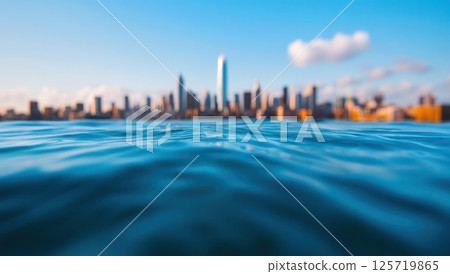View of a city skyline from the waters surface, showcasing urban buildings with a focus on rising sea levels, blurred background, and clear blue sky. 125719865