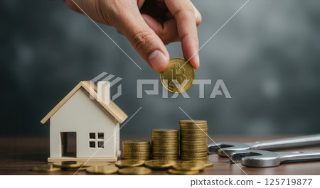 Hand places Bitcoin on a stack of coins near a house model and wrenches, symbolizing investment in real estate and home improvement with cryptocurrency. 125719877