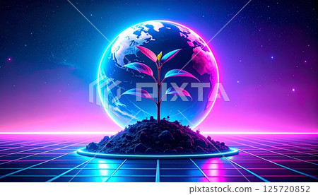 A glowing sprout emerges from soil in front of a neon Earth, set in a futuristic digital landscape with a cosmic starry sky AI generated A glowing sprout emerges from soil in front of a neon Earth, set in a futuristic digital landscape with a cosmic starry sky AI generated 125720852