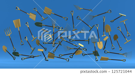 Many of flying garden shovel, pitchfork and rake on blue background Many of flying garden shovel, pitchfork and rake on blue background 125721044