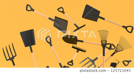 Many of flying garden shovel, pitchfork and rake on yellow background 125721045