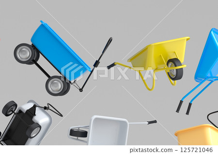 Many of flying garden wheelbarrows on white background. Many of flying garden wheelbarrows on white background. 125721046