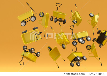 Many of flying garden wheelbarrows on yellow background. Many of flying garden wheelbarrows on yellow background. 125721048