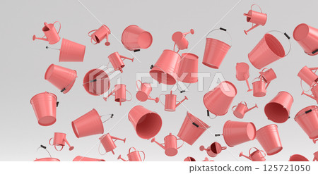 Many of flying garden buckets for hydration of plants on white background 125721050