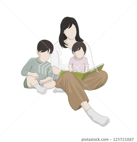 一位母親坐著給她的寶寶和兒子讀一本圖畫書 125721087
