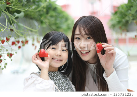 家長和孩子一起體驗採摘草莓的樂趣 家長和孩子一起體驗採摘草莓的樂趣 125721223