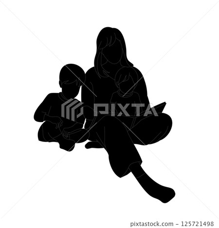 Silhouette of a mother sitting and reading a picture book to her baby and boy 125721498