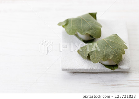 Closeup of Kashiwa mochi. Traditional Japanese sweet from white mochi or rice cake and sweet Anko or red bean paste filling surrounded with Kashiwa or Oak leaf . 125721828