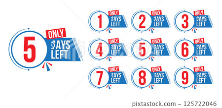 Countdown left days label. Number 1, 2, 3, 4 5 6 7 8 9 of days left to go Collection badges sale landing page banner Countdown left days label. Number 1, 2, 3, 4 5 6 7 8 9 of days left to go Collection badges sale landing page banner 125722046