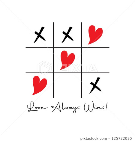 Tic Tac Toe Game with Red Heart and Cross Sign Mark In The Center Love card Flat Design Background Vector illustration 125722050
