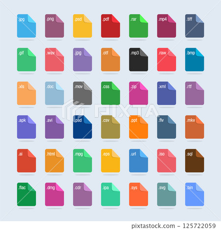 Set of Document File Formats and Labels icons. File Type Icons. Vector Illustration Set of Document File Formats and Labels icons. File Type Icons. Vector Illustration 125722059