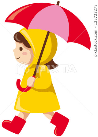 向量圖的一個女孩穿著雨衣打著傘走路 125722275