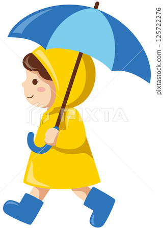 Vector illustration of a boy walking with an umbrella wearing a raincoat 125722276