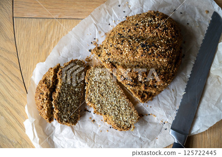 Homemade soda bread with flax seeds flour, keto diet. 125722445