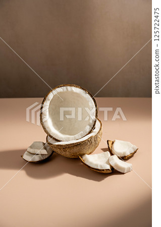 Fresh coconuts halves, copy space Fresh coconuts halves, copy space 125722475