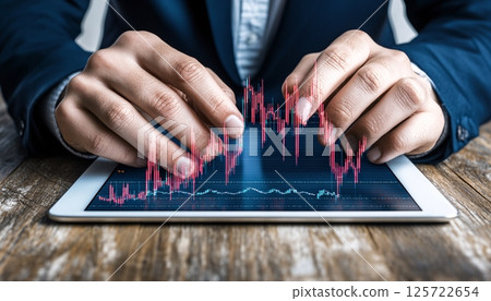 Businessman Analyzing Financial Market Trends on Digital Tablet with Charts and Data Visualizations 125722654