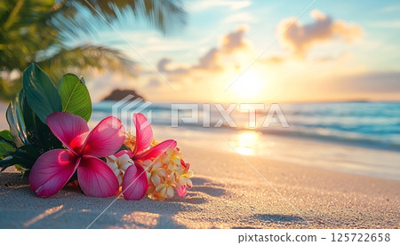 Vibrant Tropical Flowers on Sandy Beach at Sunset with Gentle Waves and Cloudy Sky Vibrant Tropical Flowers on Sandy Beach at Sunset with Gentle Waves and Cloudy Sky 125722658