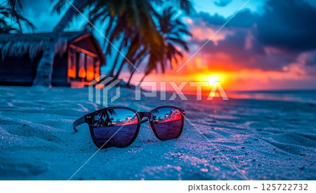 Stunning Sunset Reflection on Sunglasses with Tropical Beach and Palm Trees in Background 125722732
