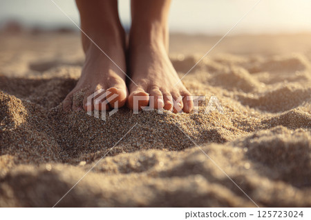 Bare feet on sandy beach at sunset Bare feet on sandy beach at sunset 125723024