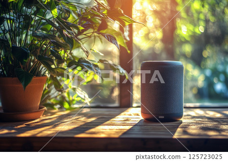 Wireless speaker on wooden table with morning sunlight 125723025