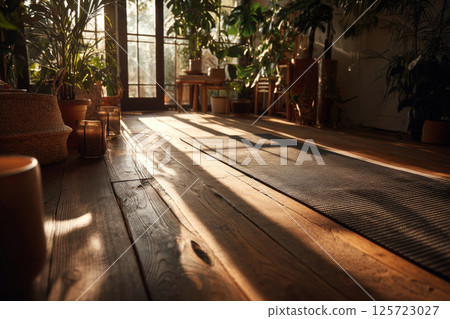 Living room interior with yoga mat and green plants 125723027