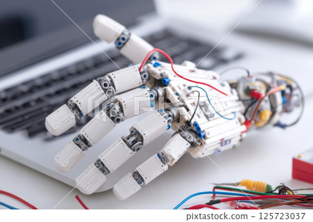 Robotic prosthetic hand prototype with wires and components on desk 125723037