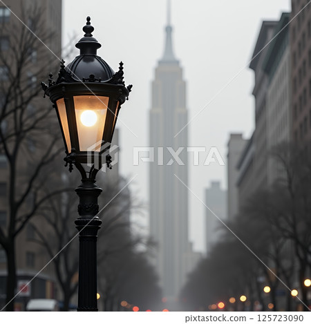Black metal street lamp with striking detailing in monochrome 125723090