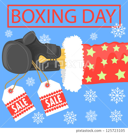 Vector Boxing Sale. Santa Claus with black boxing glove on blue background with Snowflakes. Symbol of Boxing Day. Winter offer for sale Vector Boxing Sale. Santa Claus with black boxing glove on blue background with Snowflakes. Symbol of Boxing Day. Winter offer for sale 125723105