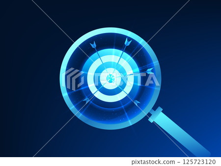 Magnifying glass that points at the target and the arrow that points to the center represents accurate analysis, planning and setting of business goals to achieve growth in the highly competitive era. Magnifying glass that points at the target and the arrow that points to the center represents accurate analysis, planning and setting of business goals to achieve growth in the highly competitive era. 125723120