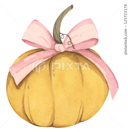 Pumpkin bow watercolor coquette pink ribbon illustration for autumn. 125723178