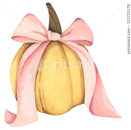 Pumpkin bow watercolor coquette pink ribbon illustration for autumn. Pumpkin bow watercolor coquette pink ribbon illustration for autumn. 125723179