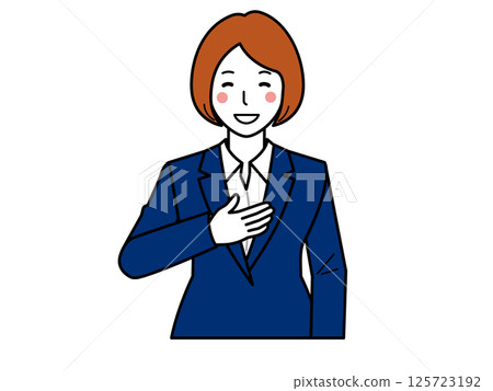 交給我們吧。一位身穿西裝、手放在胸前的女人 125723192