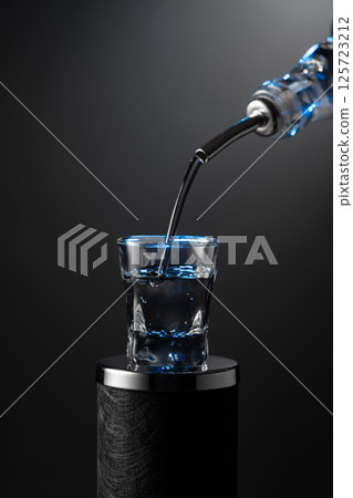 Vodka pouring from the bottle into a glass on a dark background. Vodka pouring from the bottle into a glass on a dark background. 125723212