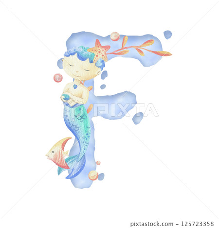 Capital letter of the Latin alphabet F with a mermaid and seaweed, corals, shells, bubbles. In gentle pastel colors of blue, turquoise, coral and pink. Watercolor illustration hand-drawn. Composition Capital letter of the Latin alphabet F with a mermaid and seaweed, corals, shells, bubbles. In gentle pastel colors of blue, turquoise, coral and pink. Watercolor illustration hand-drawn. Composition 125723358